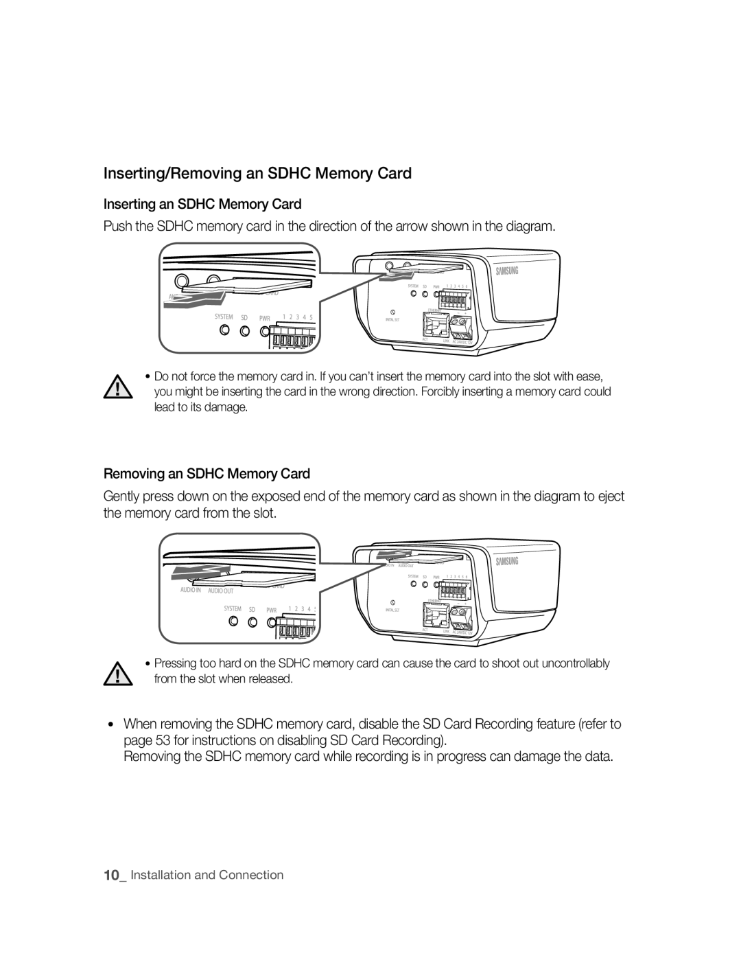 Samsung SNC-M300 user manual Inserting/Removing an Sdhc Memory Card 