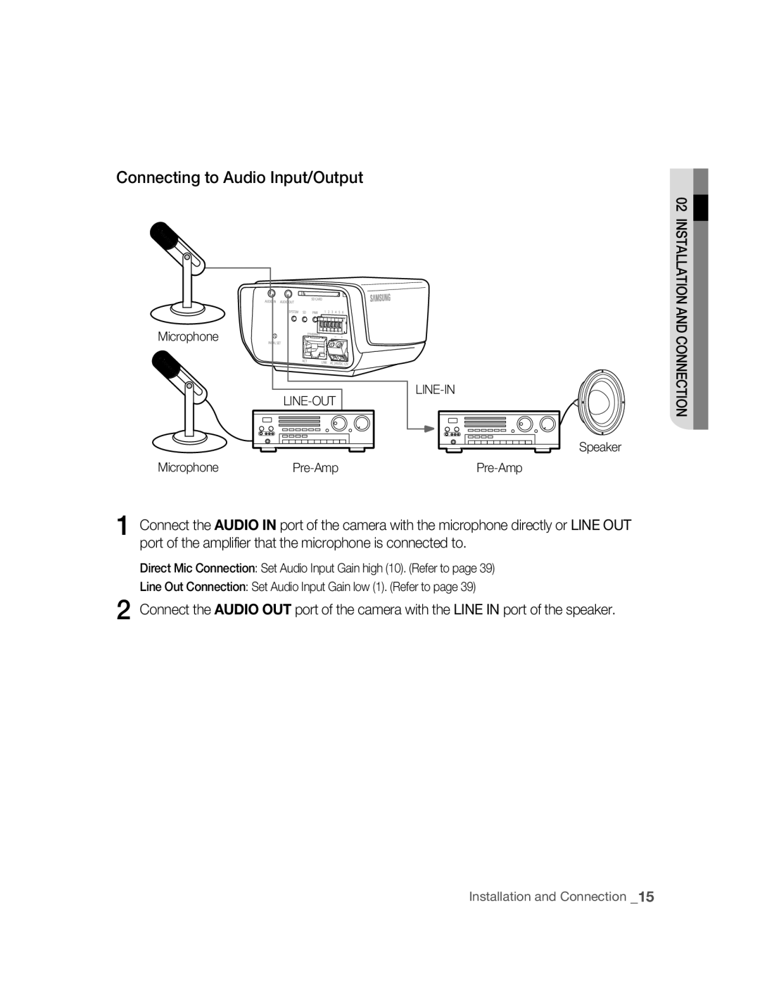 Samsung SNC-M300 user manual Connecting to Audio Input/Output, MicrophonePre-Amp, Speaker Pre-Amp 