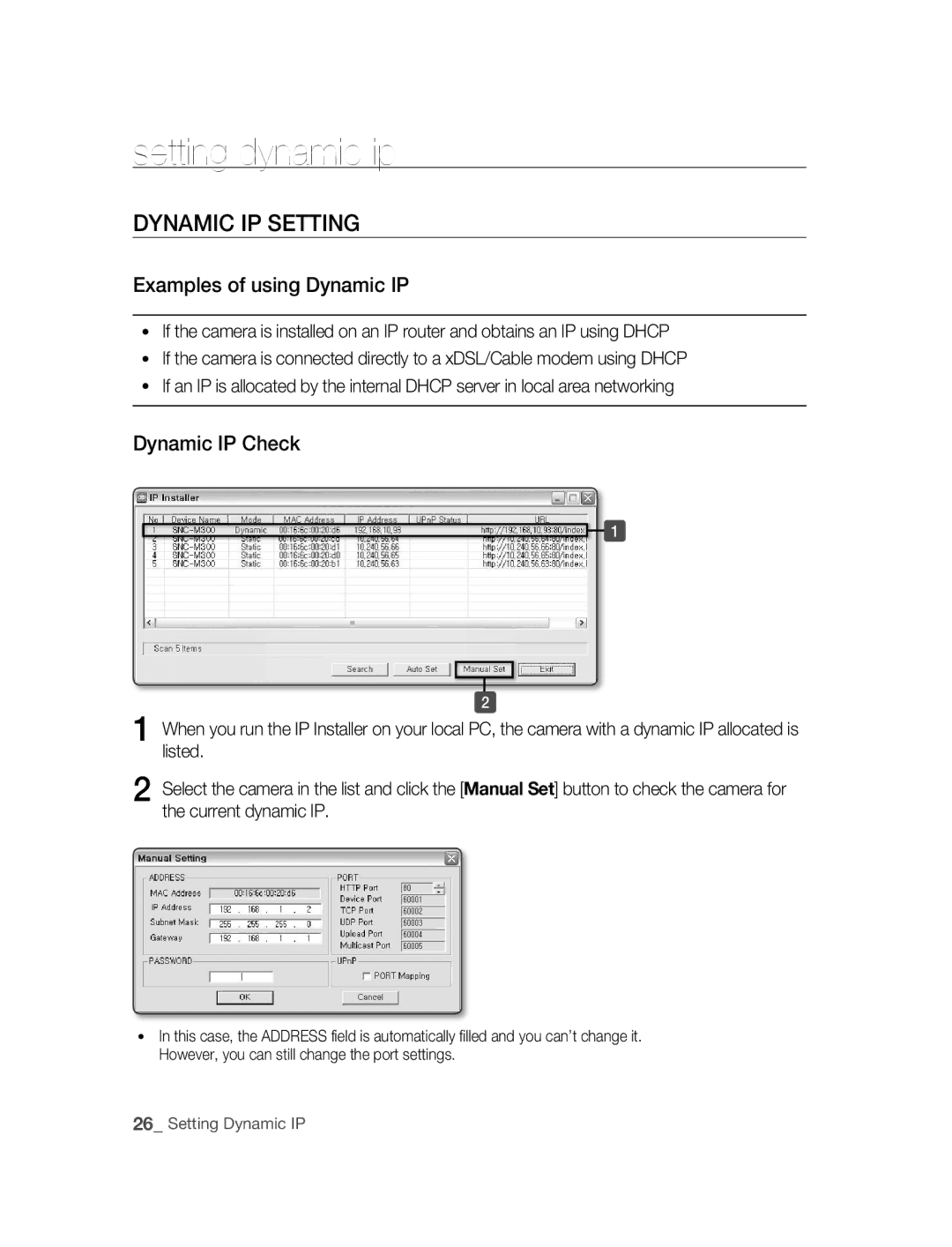 Samsung SNC-M300 user manual Setting dynamic ip, Dynamic IP Setting, Examples of using Dynamic IP, Dynamic IP Check 