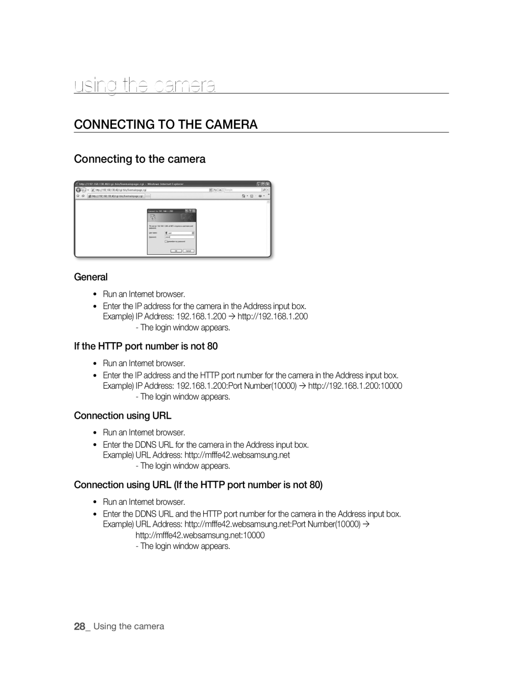 Samsung SNC-M300 user manual 사용using the camera, Connecting to the camera 