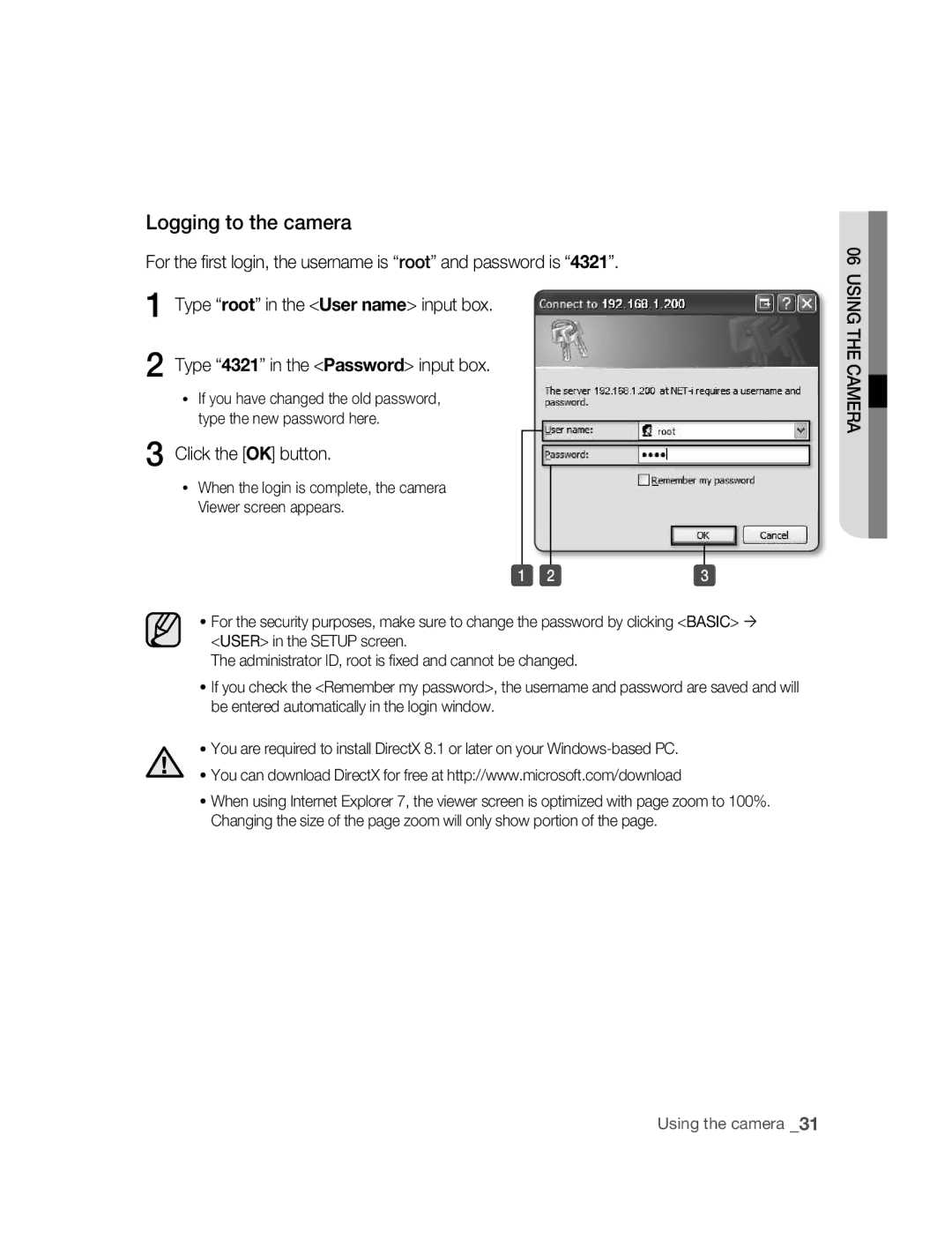 Samsung SNC-M300 user manual Logging to the camera, Click the OK button 