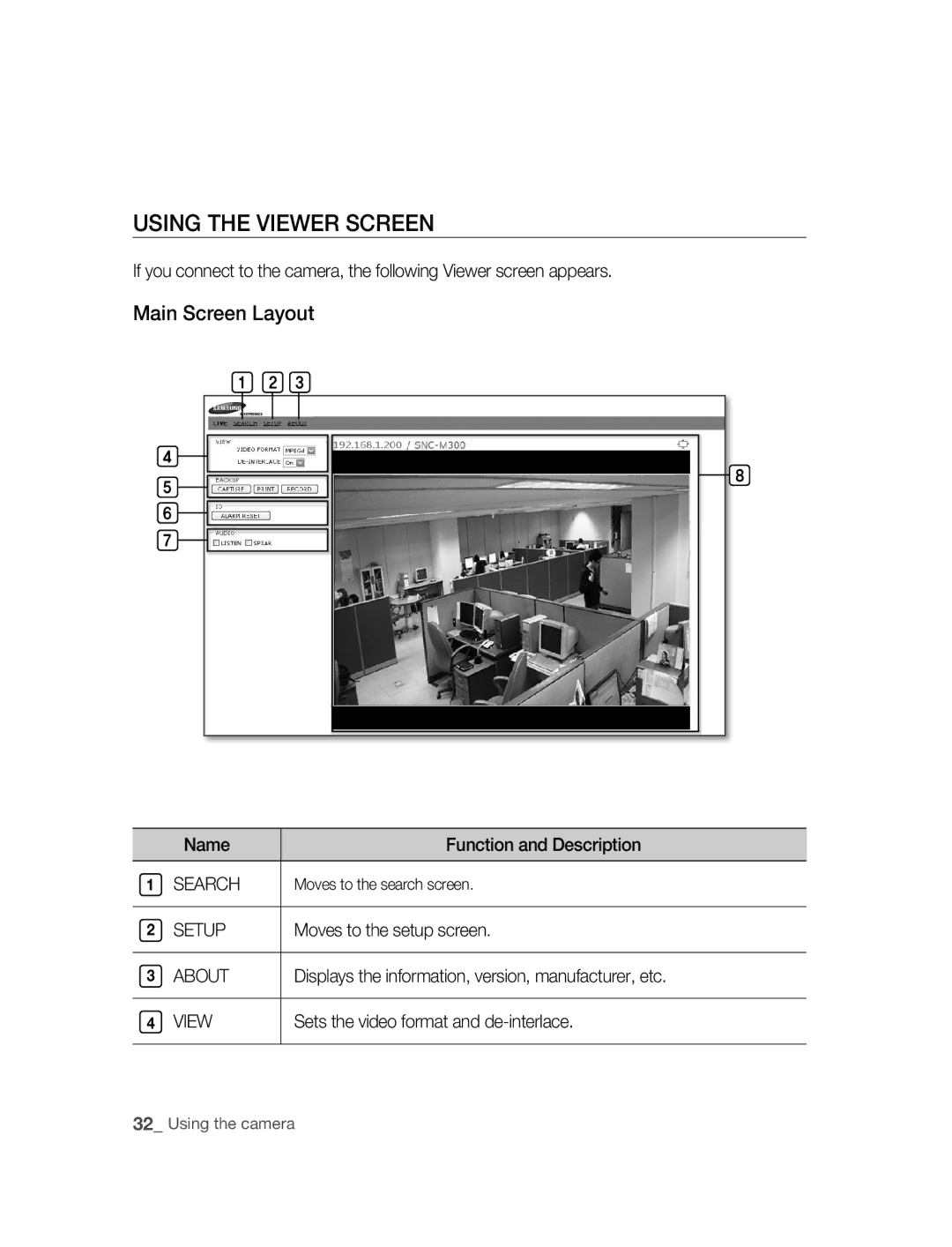 Samsung SNC-M300 user manual Using the Viewer Screen, Main Screen Layout 