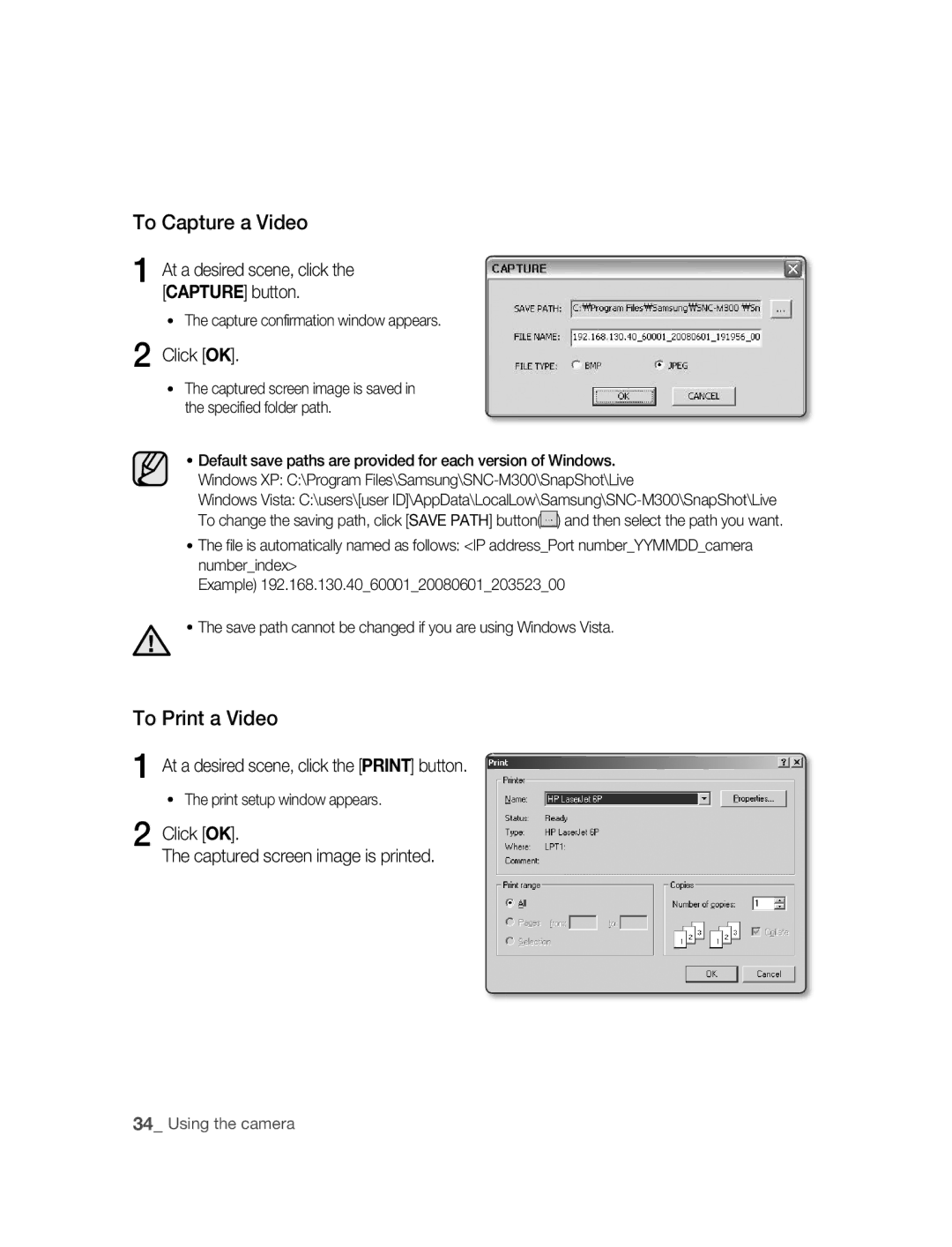 Samsung SNC-M300 user manual To Capture a Video, To Print a Video, Click OK, At a desired scene, click the Print button 