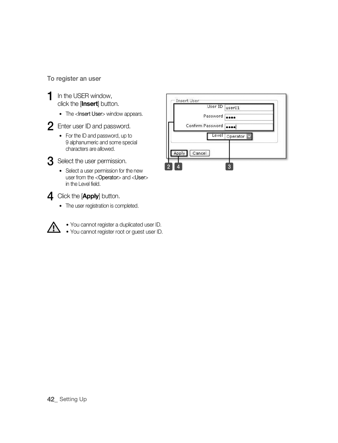 Samsung SNC-M300 user manual Enter user ID and password, Click the Apply button, For the ID and password, up to 