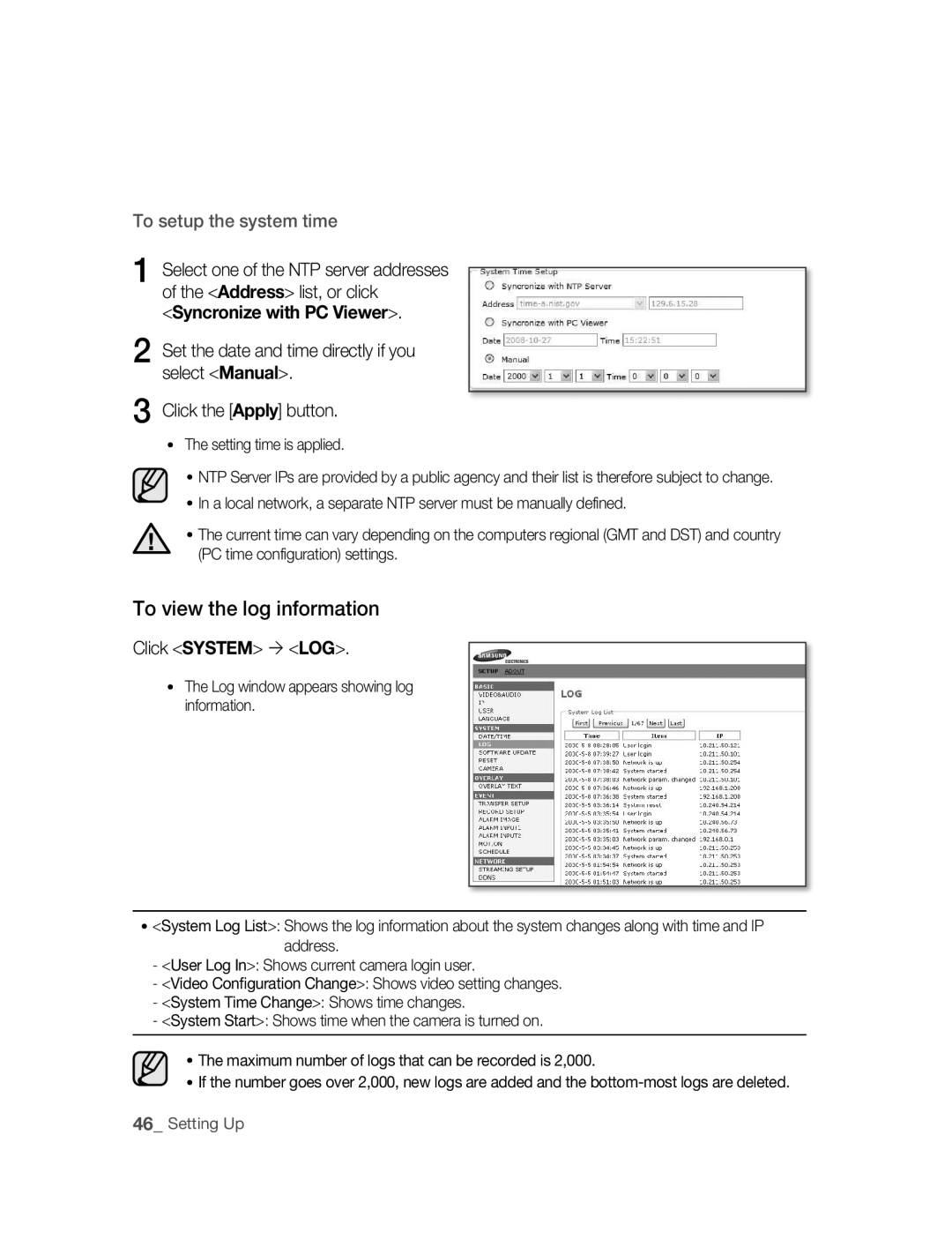 Samsung SNC-M300 user manual To view the log information, Click System  LOG, Setting time is applied 