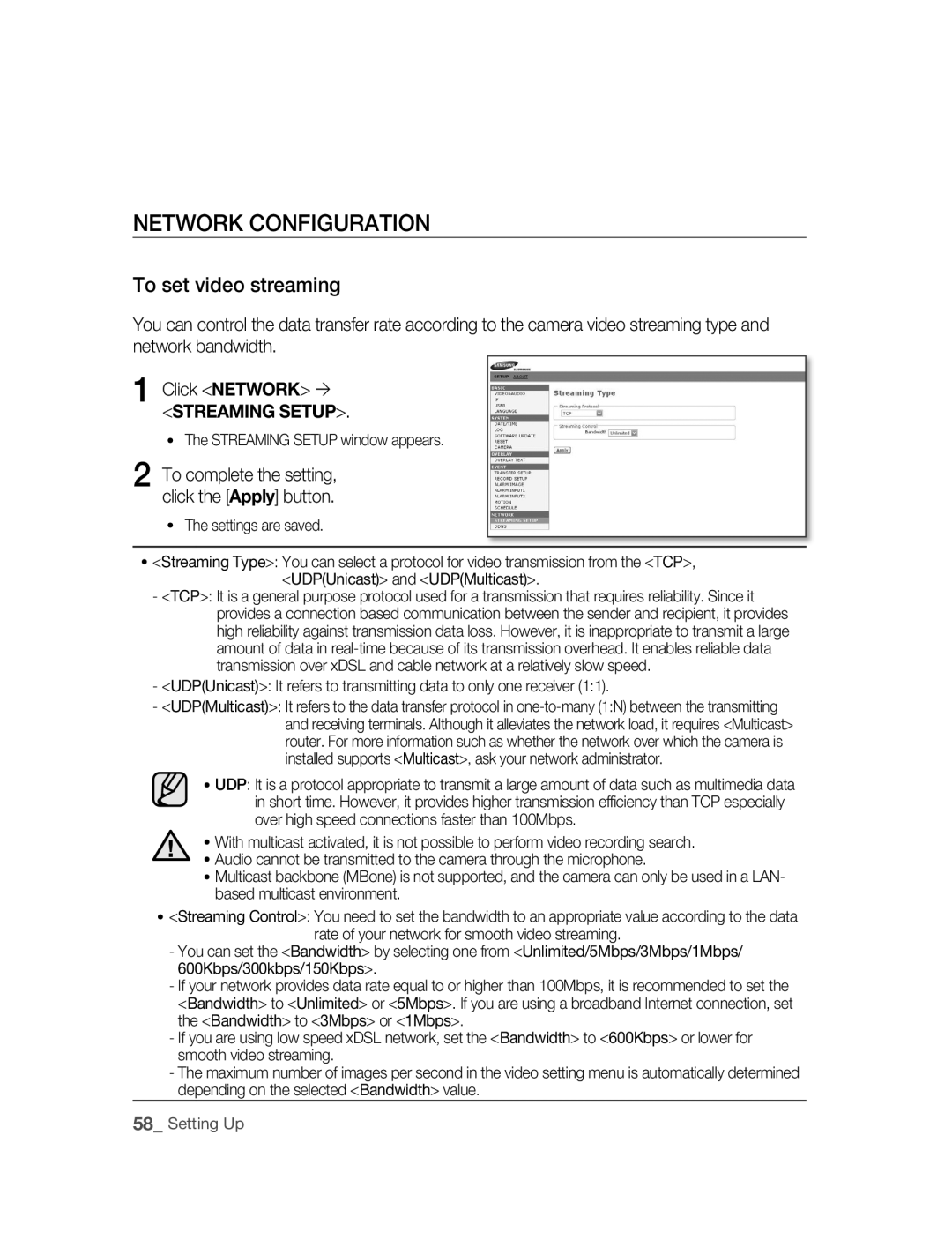 Samsung SNC-M300 user manual Network Configuration, To set video streaming 