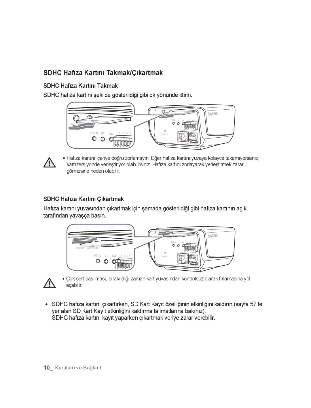 Samsung SNC-M300P manual Sdhc Hafıza Kartını Takmak/Çıkartmak, Sdhc Hafıza Kartını Çıkartmak 