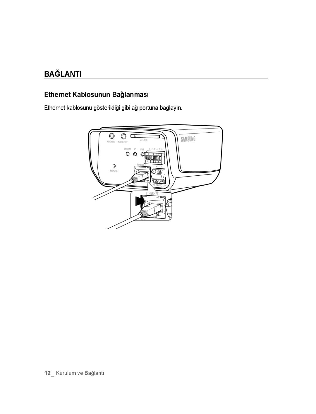 Samsung SNC-M300P manual Bağlanti, Ethernet Kablosunun Bağlanması, Ethernet kablosunu gösterildiği gibi ağ portuna bağlayın 