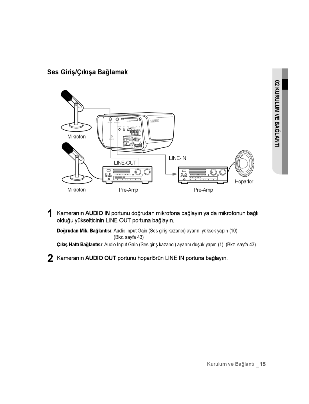 Samsung SNC-M300P manual Ses Giriş/Çıkışa Bağlamak, MikrofonPre-Amp, Hoparlör Pre-Amp 