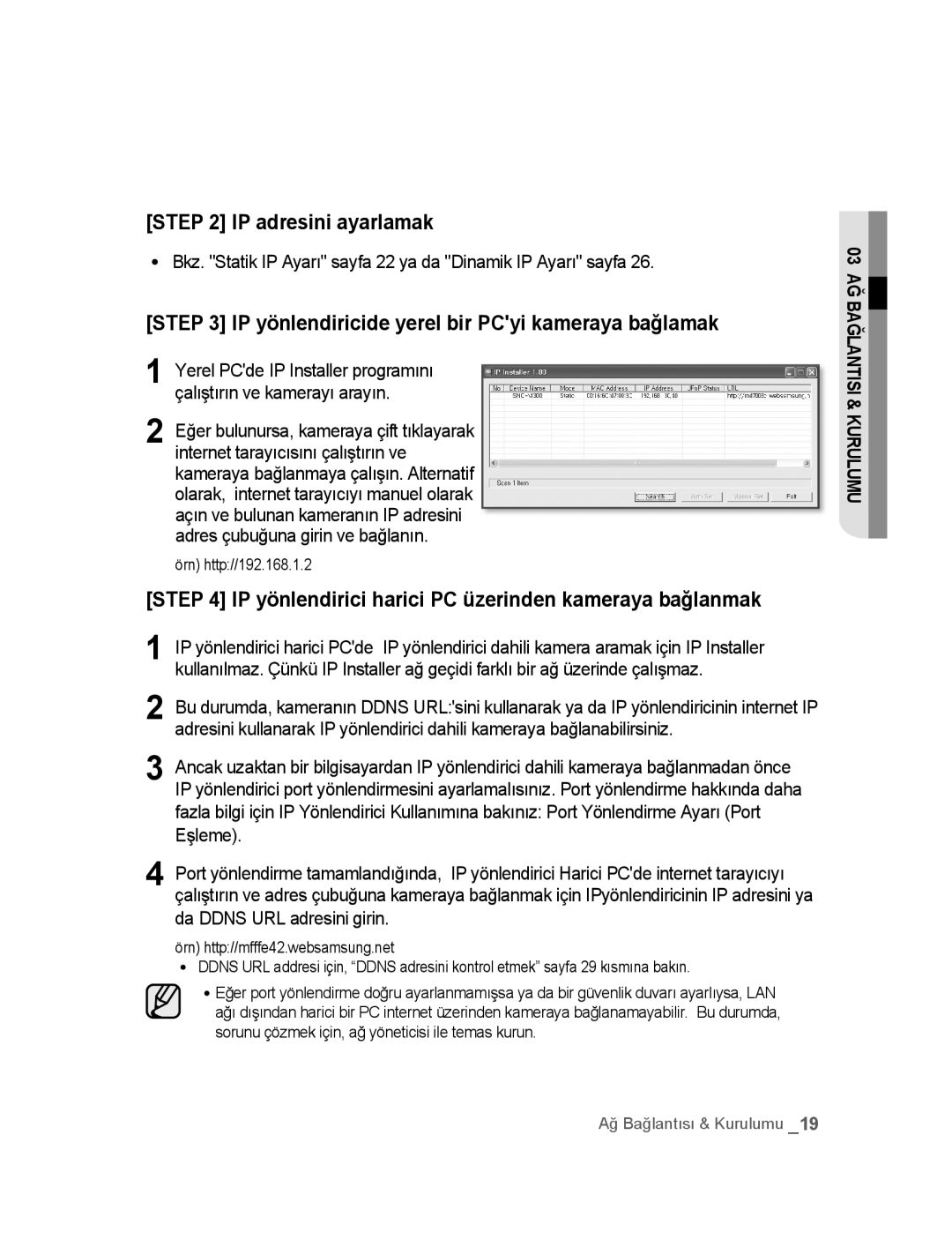 Samsung SNC-M300P manual IP adresini ayarlamak, IP yönlendiricide yerel bir PCyi kameraya bağlamak 