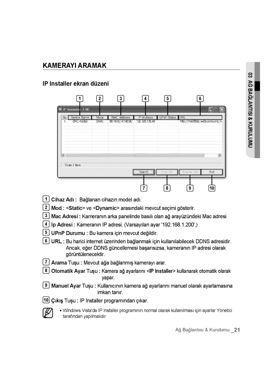 Samsung SNC-M300P manual Kamerayi Aramak, IP Installer ekran düzeni 