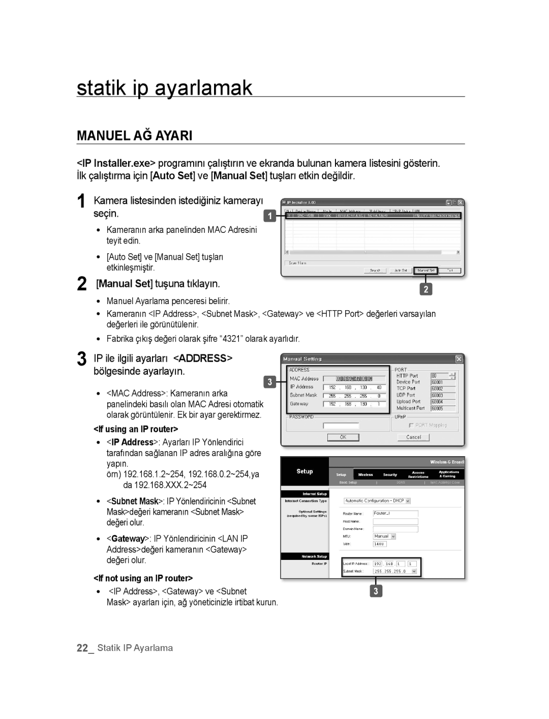 Samsung SNC-M300P manual Statik ip ayarlamak, Manuel AĞ Ayari, Seçin, Manual Set tuşuna tıklayın 