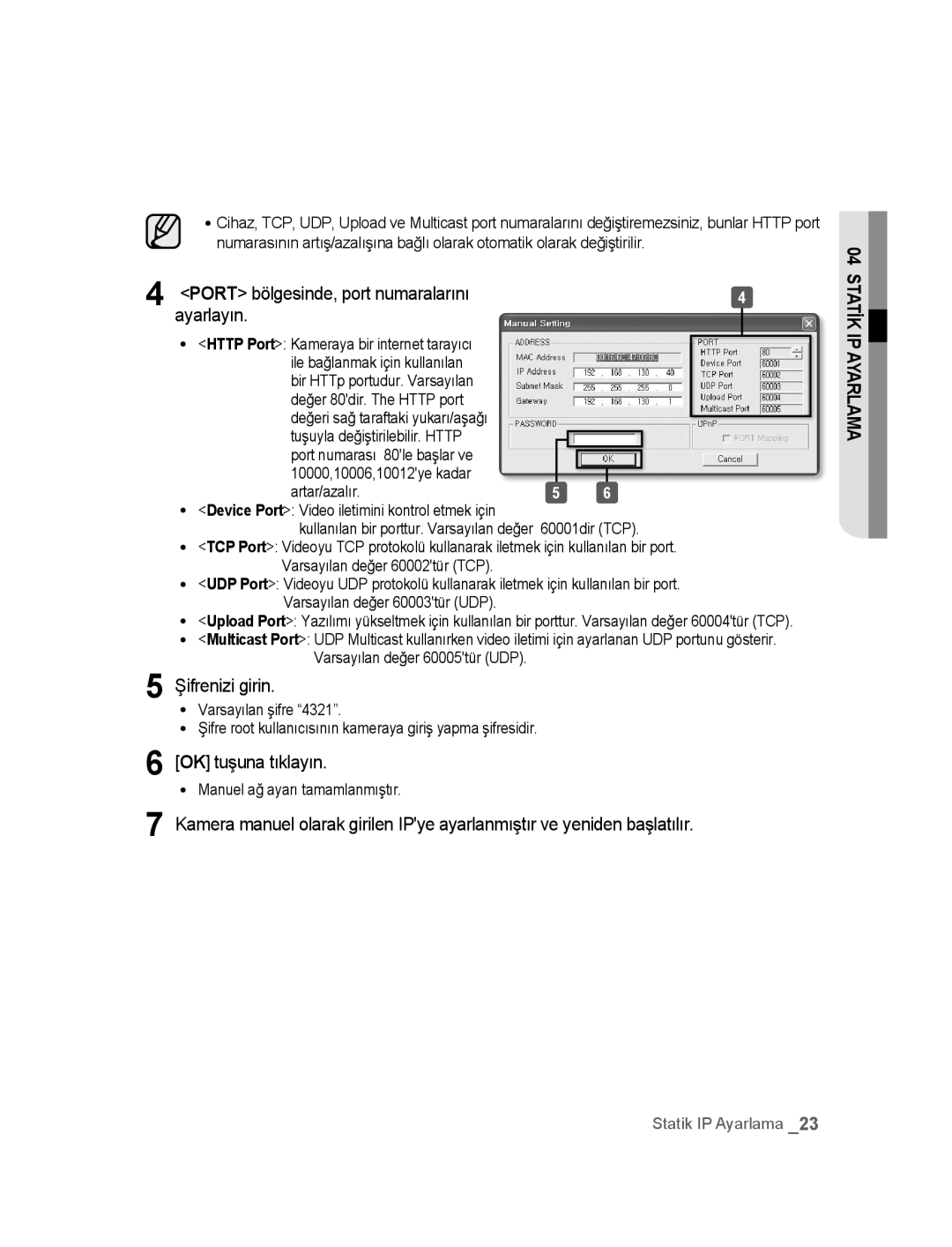 Samsung SNC-M300P manual Port bölgesinde, port numaralarını Ayarlayın, 60001dir TCP 