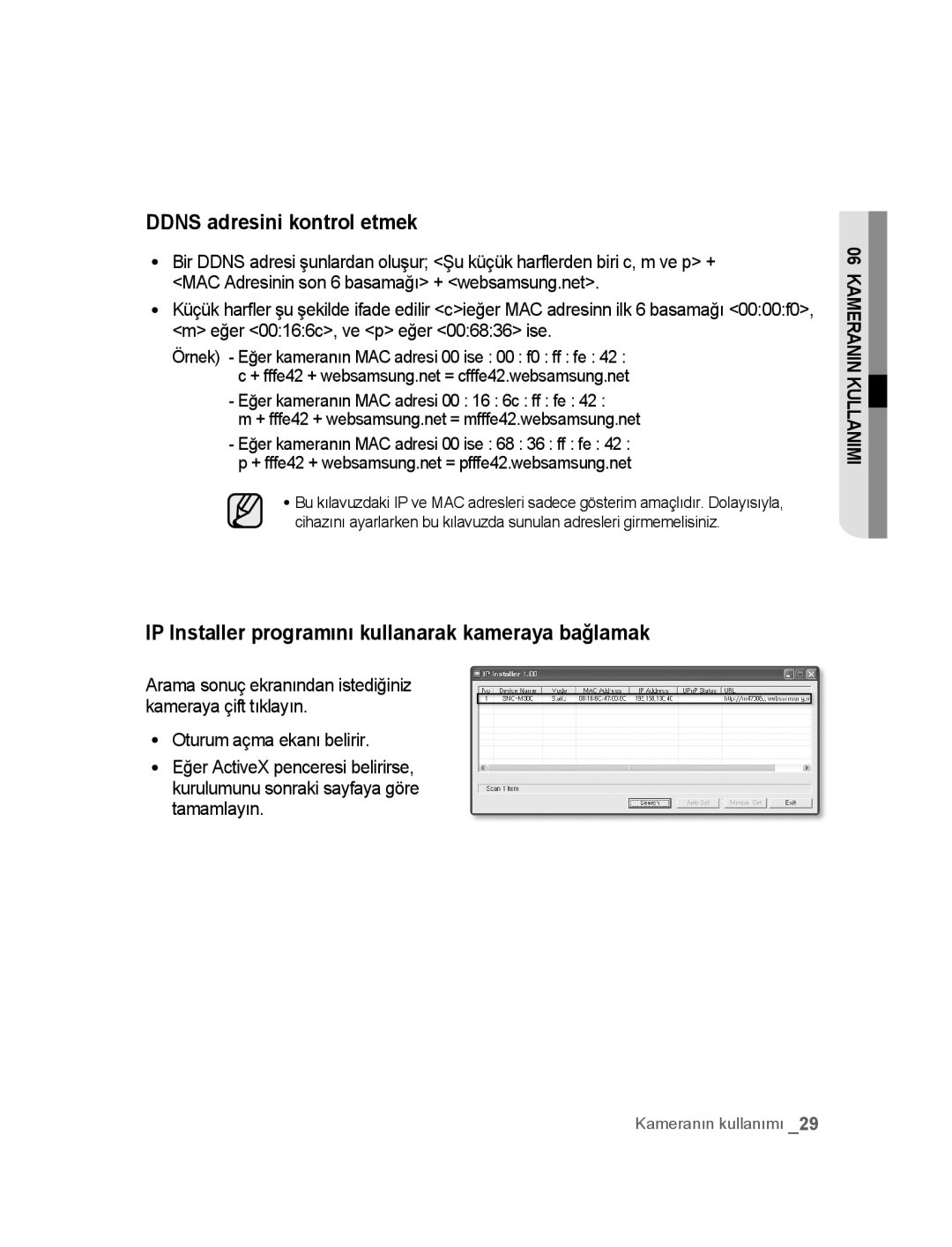 Samsung SNC-M300P manual Ddns adresini kontrol etmek, IP Installer programını kullanarak kameraya bağlamak 