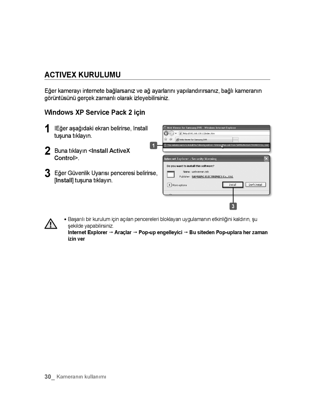 Samsung SNC-M300P manual Activex Kurulumu, Windows XP Service Pack 2 için 