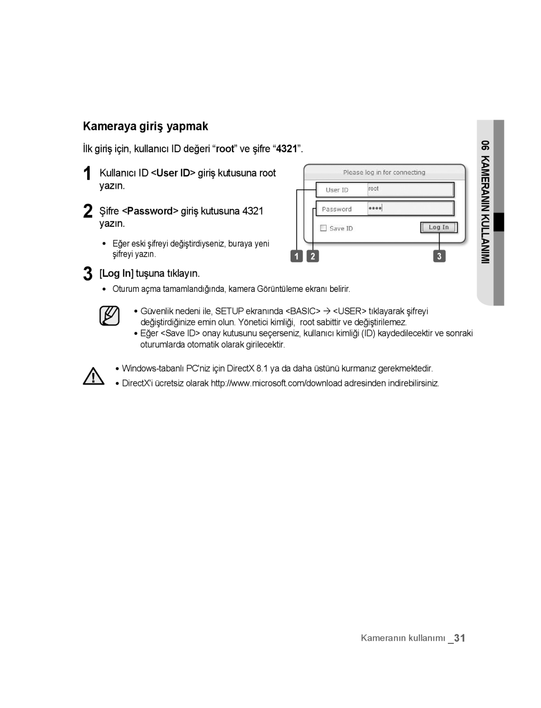 Samsung SNC-M300P manual Kameraya giriş yapmak, Log In tuşuna tıklayın 