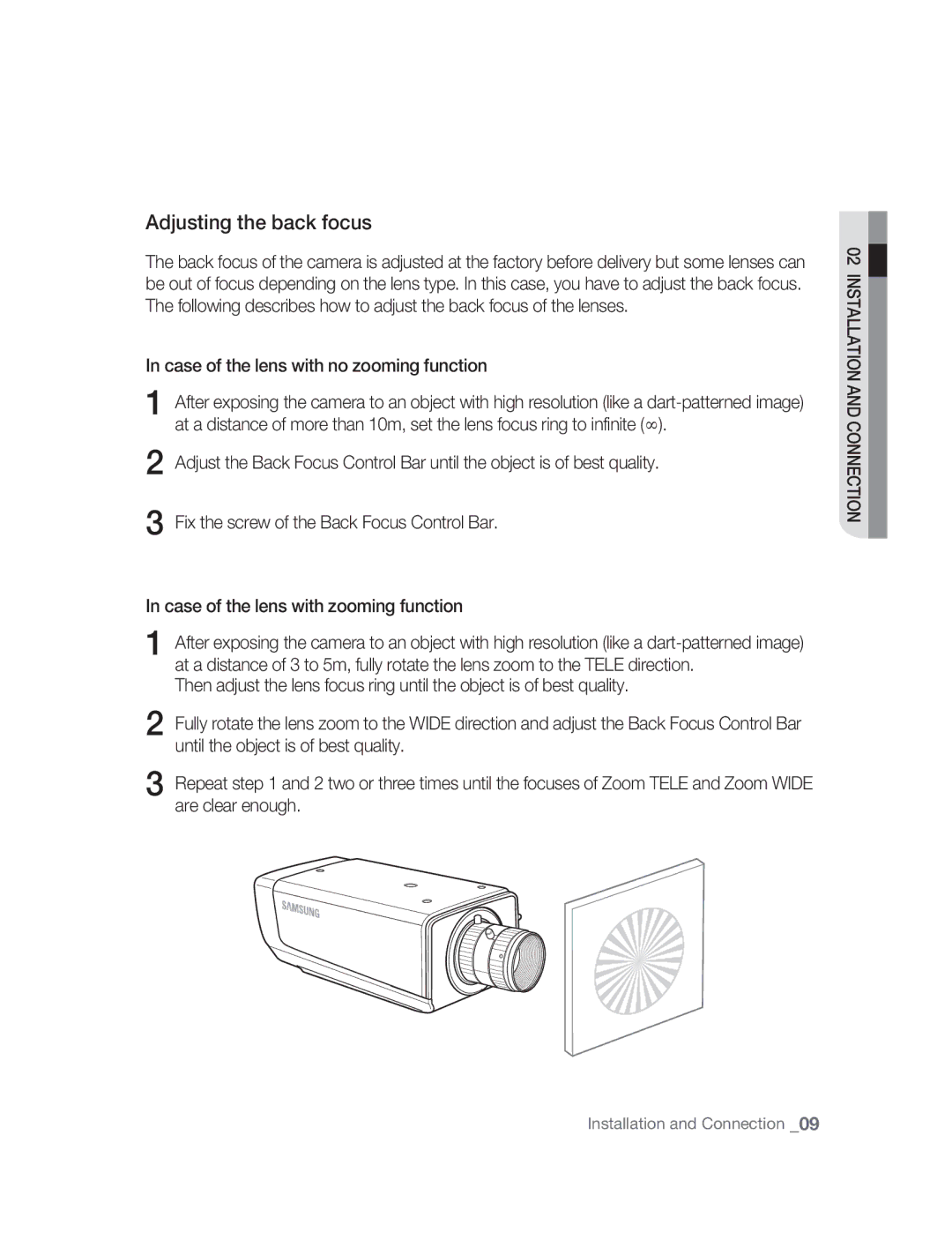 Samsung SNC-M300P manual Adjusting the back focus, Case of the lens with no zooming function, INSTAllATION ANd Connection 