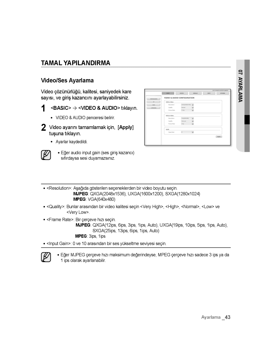 Samsung SNC-M300P manual Tamal Yapilandirma, Video/Ses Ayarlama, Basic ´ Video & Audio tıklayın 