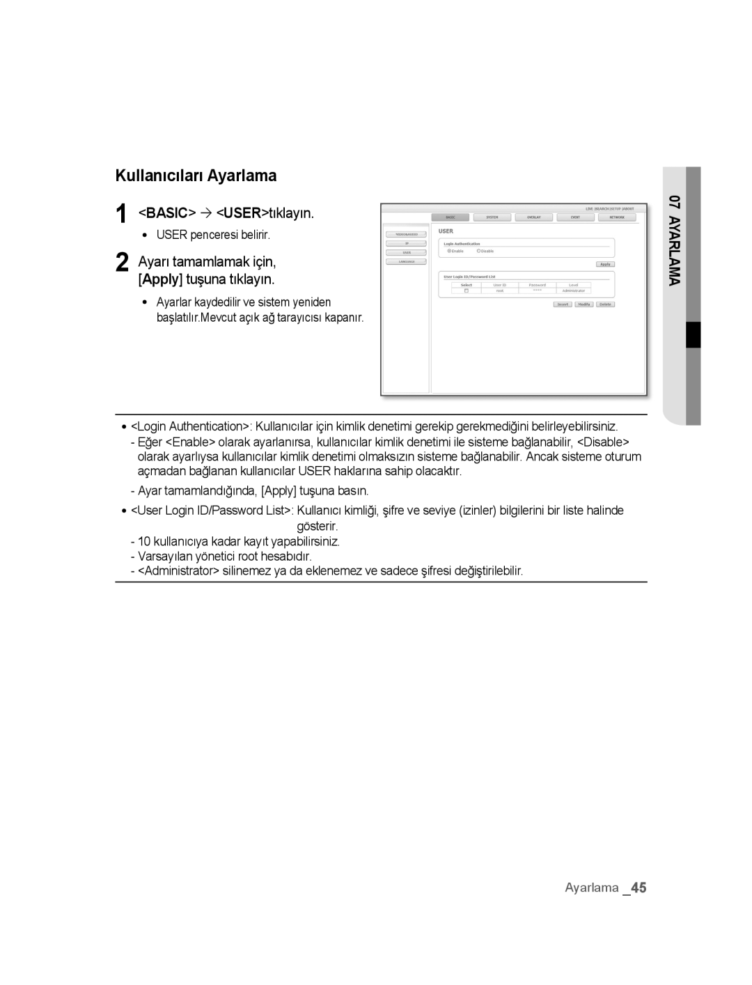 Samsung SNC-M300P manual Kullanıcıları Ayarlama, Basic ´ USERtıklayın 