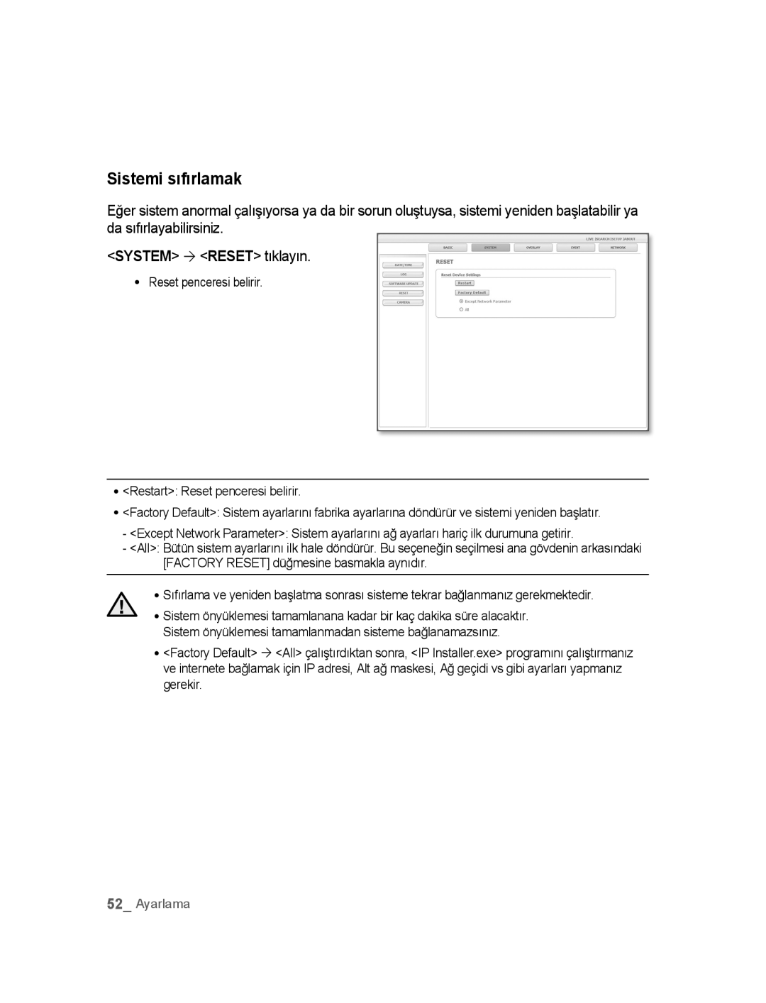 Samsung SNC-M300P manual Sistemi sıfırlamak 