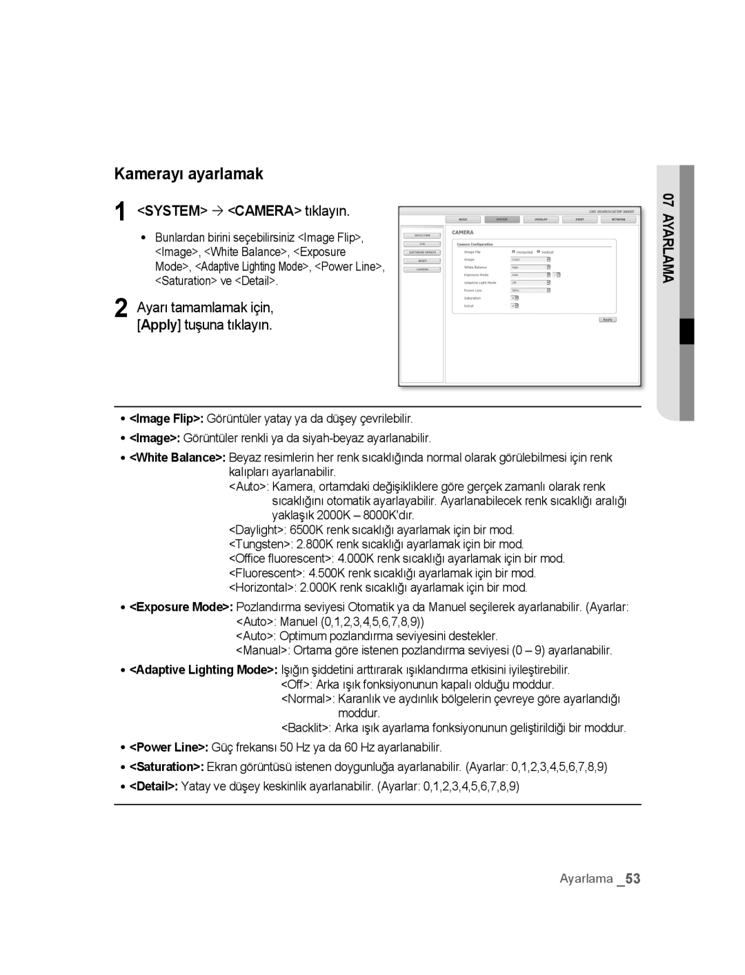 Samsung SNC-M300P manual Kamerayı ayarlamak, System ´ Camera tıklayın 