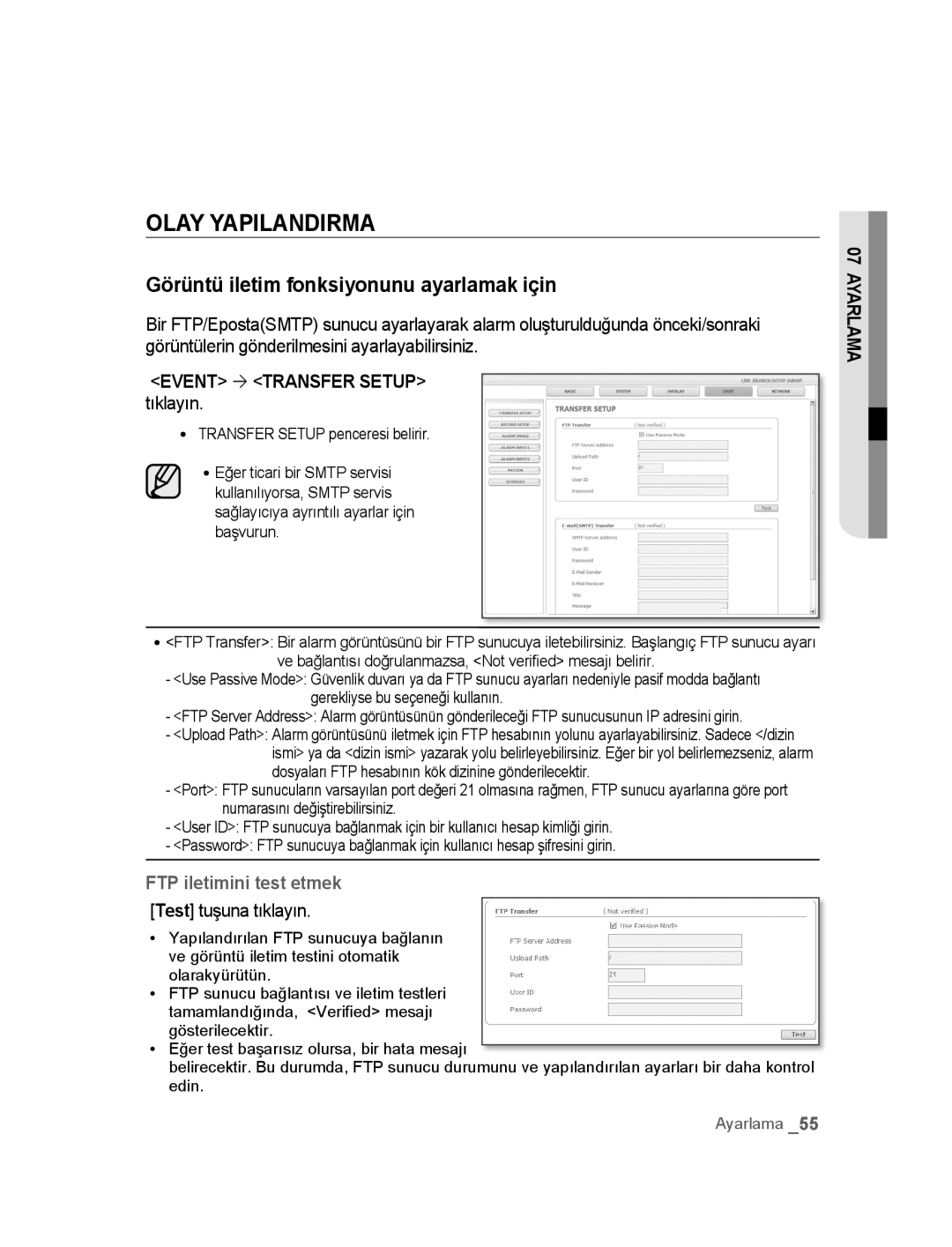 Samsung SNC-M300P manual Olay Yapilandirma, Görüntü iletim fonksiyonunu ayarlamak için, Event ´ Transfer Setup tıklayın 