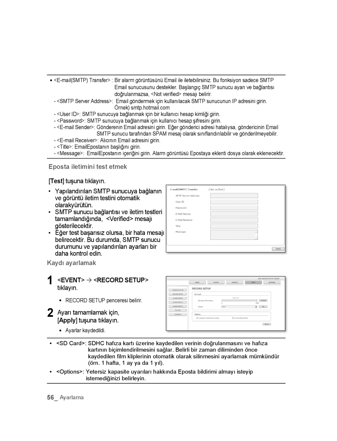 Samsung SNC-M300P manual Eposta iletimini test etmek, Event ´ Record Setup tıklayın 