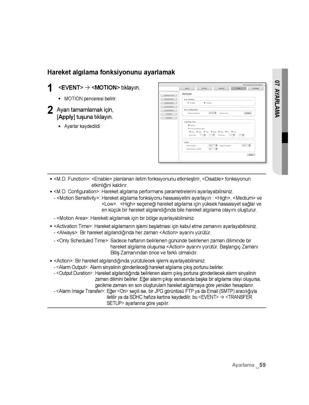 Samsung SNC-M300P manual Hareket algılama fonksiyonunu ayarlamak, Event ´ Motion tıklayın 