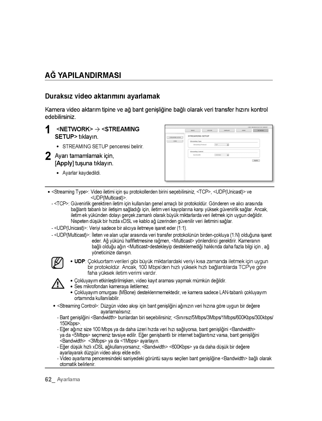 Samsung SNC-M300P manual AĞ Yapilandirmasi, Duraksız video aktarımını ayarlamak, Setup tıklayın 