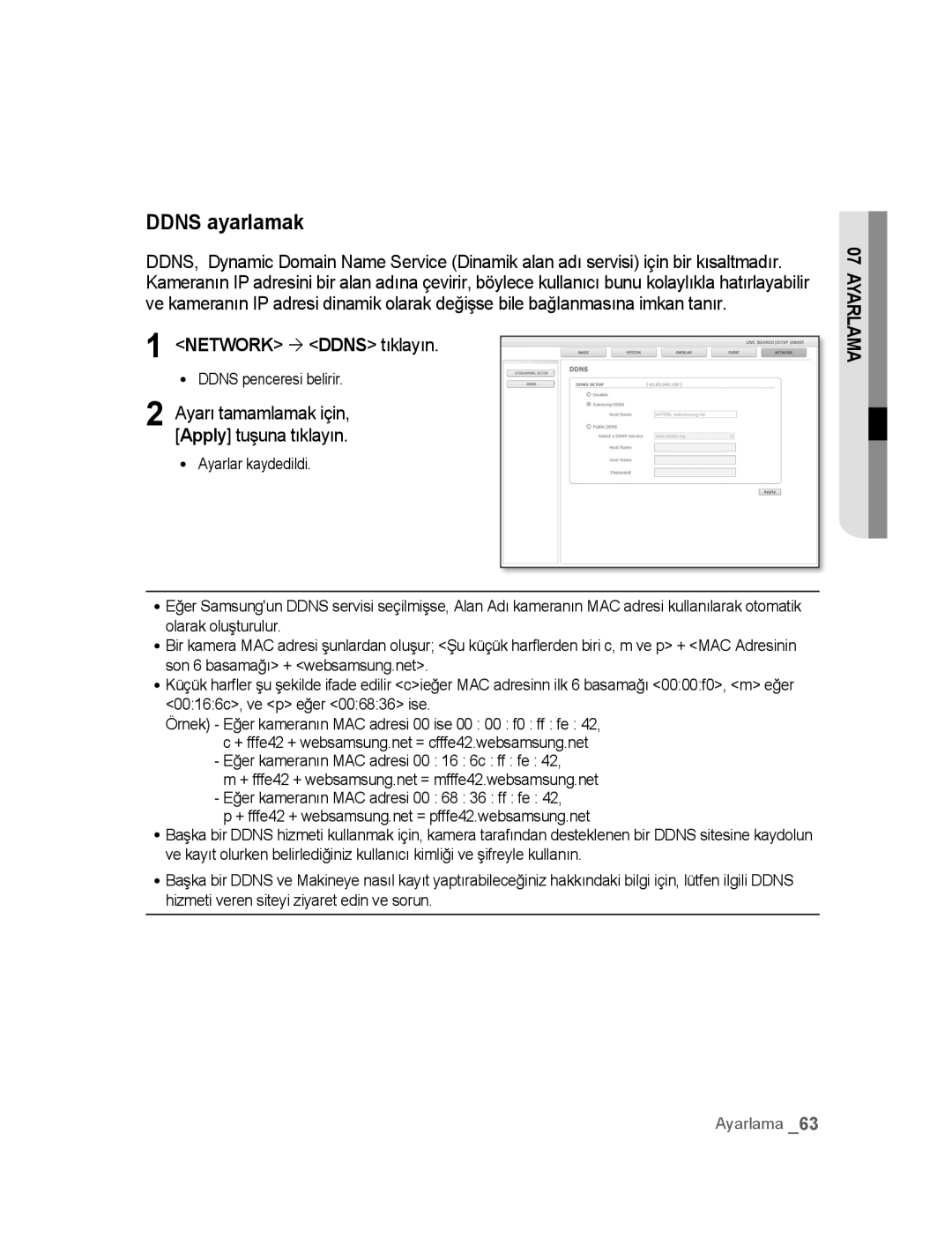 Samsung SNC-M300P manual Ddns ayarlamak, Network ´ Ddns tıklayın 