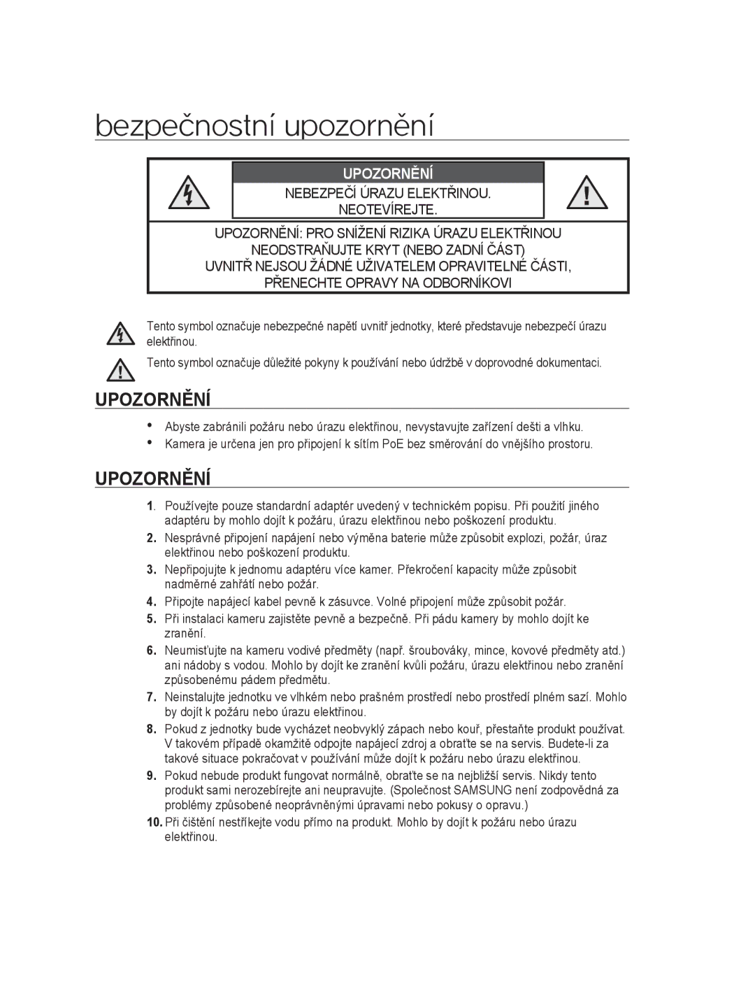 Samsung SNC-M300P manual Bezpečnostní upozornění, Upozornění, Elektřinou 