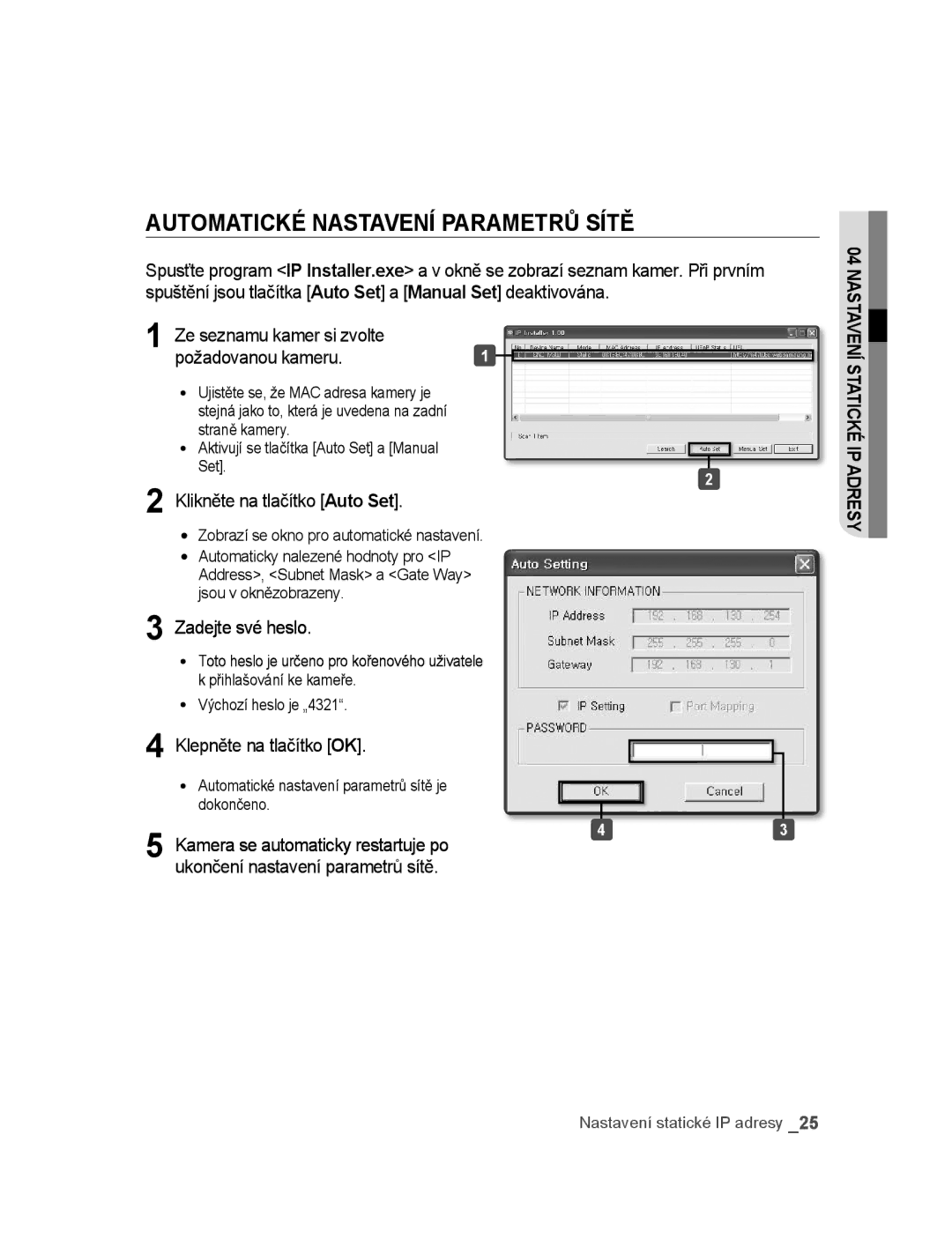 Samsung SNC-M300P manual Automatické nastavení parametrů sítě, Klikněte na tlačítko Auto Set 