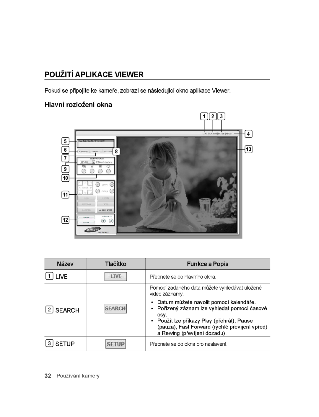 Samsung SNC-M300P manual Použití aplikace Viewer, Hlavní rozložení okna, Název, Funkce a Popis 