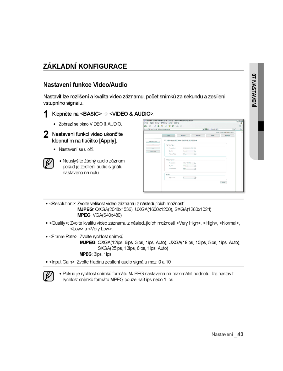 Samsung SNC-M300P manual Základní konfigurace, Nastavení funkce Video/Audio 