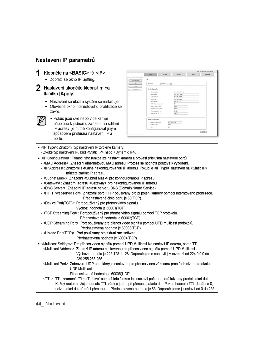 Samsung SNC-M300P manual Nastavení IP parametrů, Klepněte na Basic  IP, Nastavení ukončíte klepnutím na tlačítko Apply 