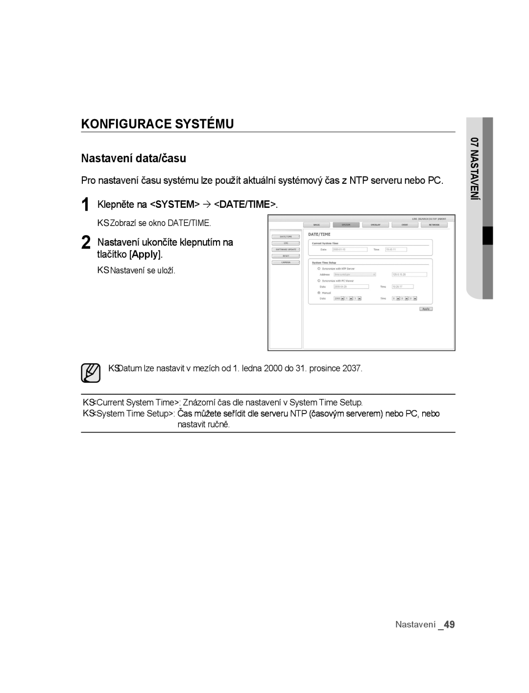 Samsung SNC-M300P manual Konfigurace Systému, Nastavení data/času, ∙ Zobrazí se okno DATE/TIME 