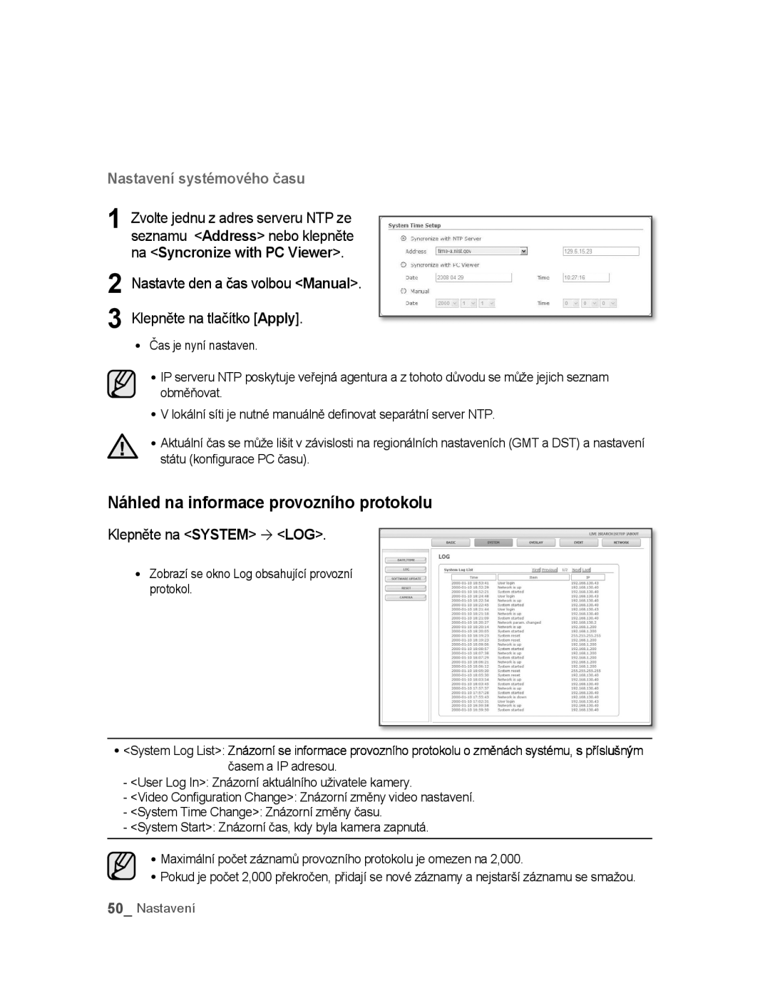 Samsung SNC-M300P Náhled na informace provozního protokolu, Nastavte den a čas volbou Manual Klepněte na tlačítko Apply 