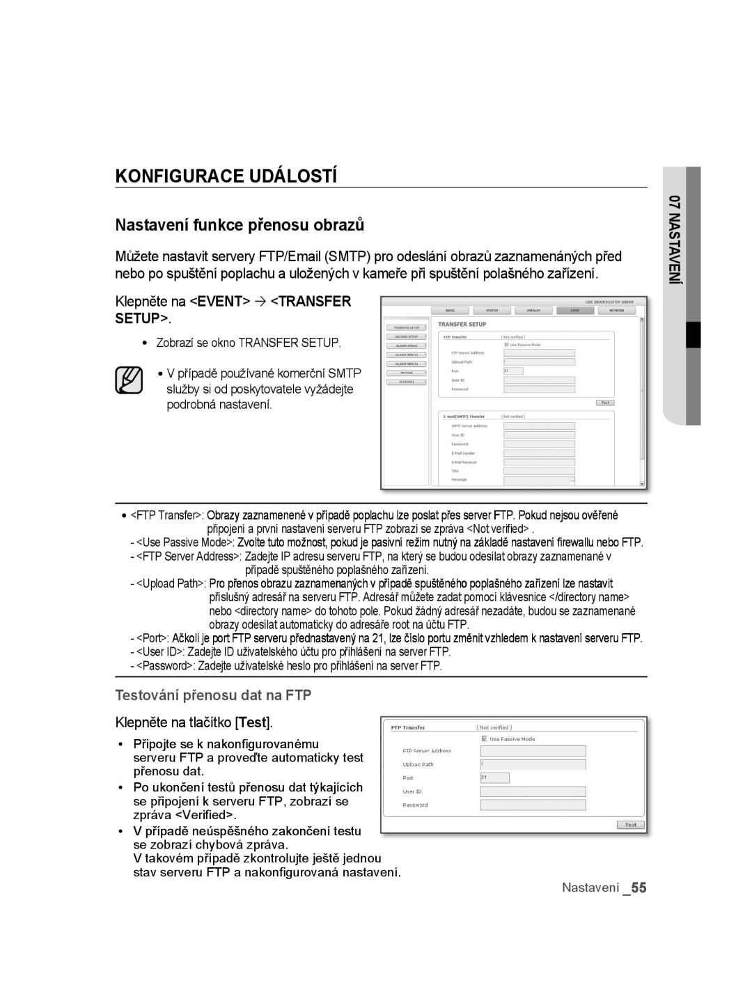 Samsung SNC-M300P manual Konfigurace událostí, Nastavení funkce přenosu obrazů, Klepněte na Event  Transfer 