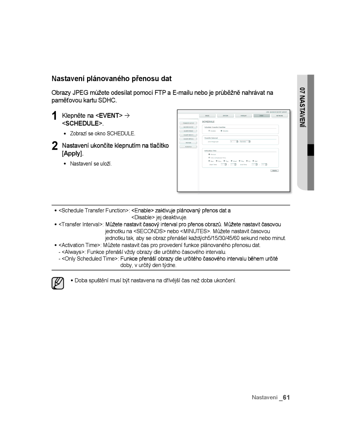 Samsung SNC-M300P manual Nastavení plánovaného přenosu dat, ∙ Zobrazí se okno Schedule 