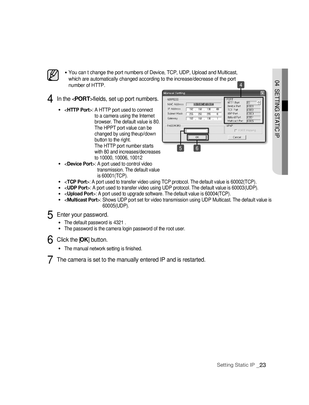 Samsung SNC-M300P manual PORTfields, set up port numbers, Enter your password, Number of Http, Is 60001TCP 