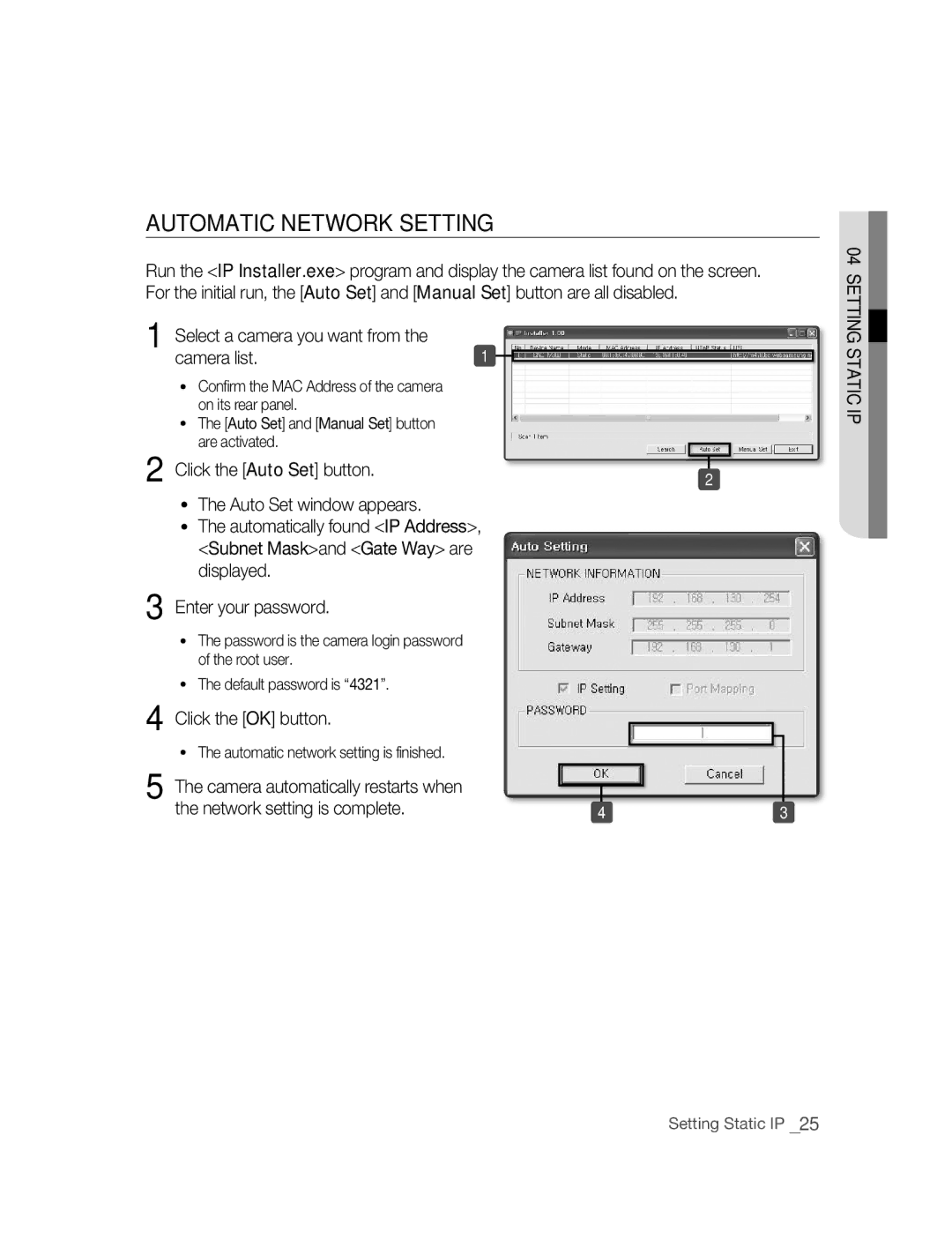 Samsung SNC-M300P manual AUTOmATIC NETWORk Setting, Click the OK button, Automatic network setting is finished 