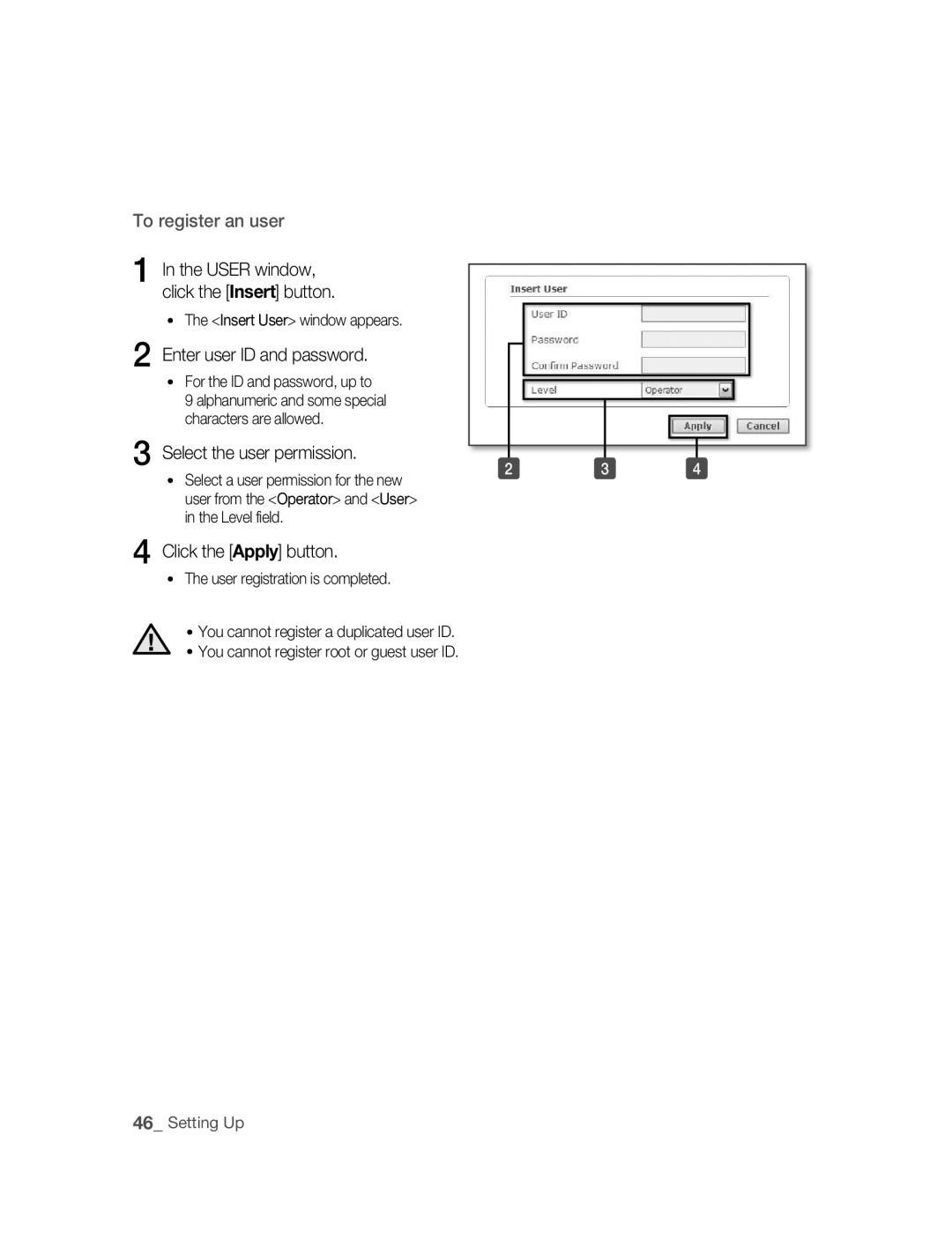 Samsung SNC-M300P manual Enter user ID and password, Click the Apply button, For the ID and password, up to 