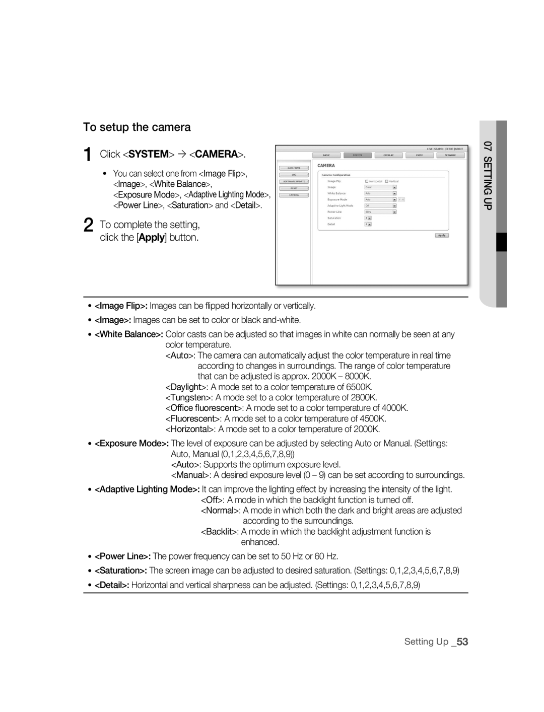 Samsung SNC-M300P manual To setup the camera, Click System  Camera 