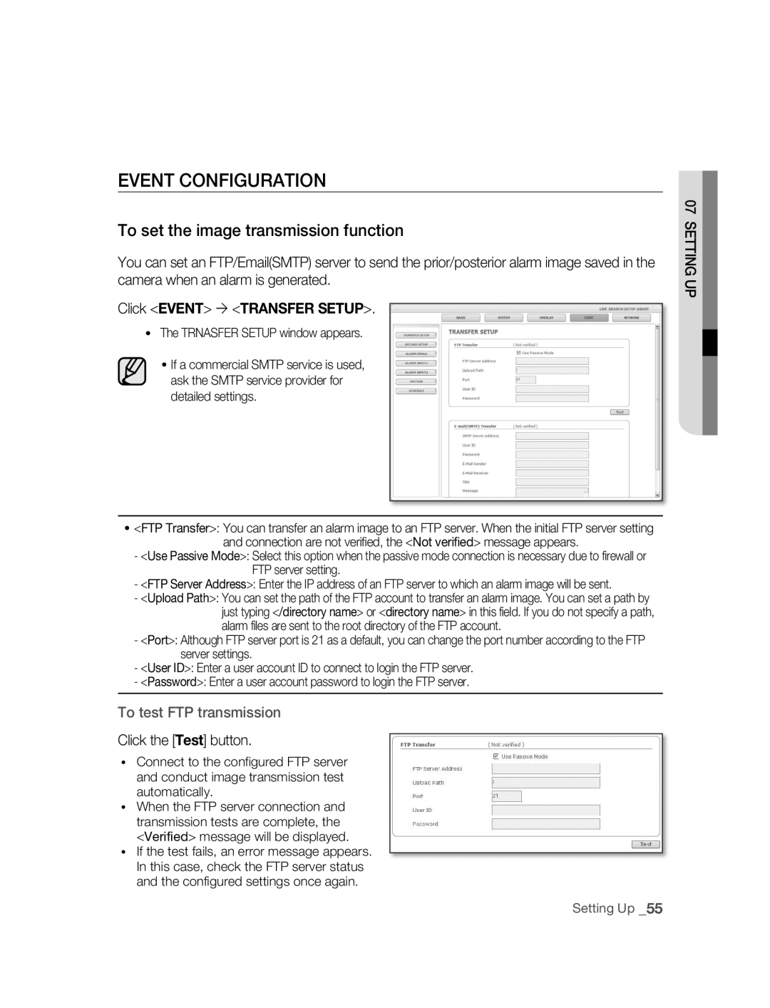 Samsung SNC-M300P manual To set the image transmission function, Click Event  Transfer Setup, Click the Test button 