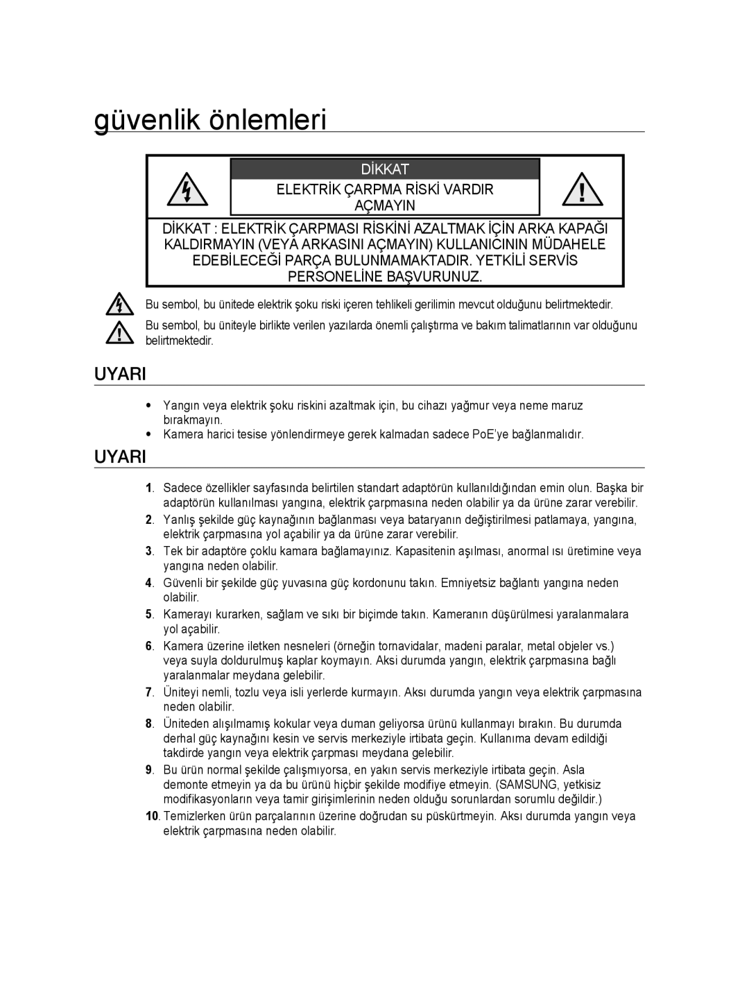 Samsung SNC-M300P manual Güvenlik önlemleri, Dİkkat 