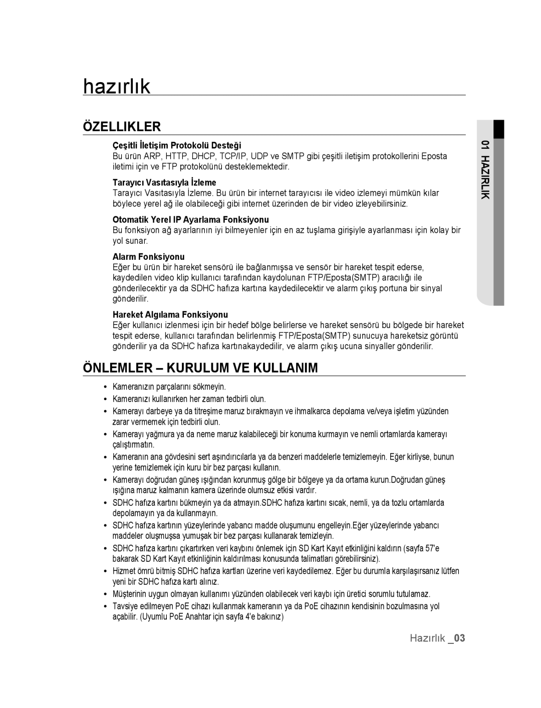 Samsung SNC-M300P manual Hazırlık, Özellikler, Önlemler Kurulum VE Kullanim 