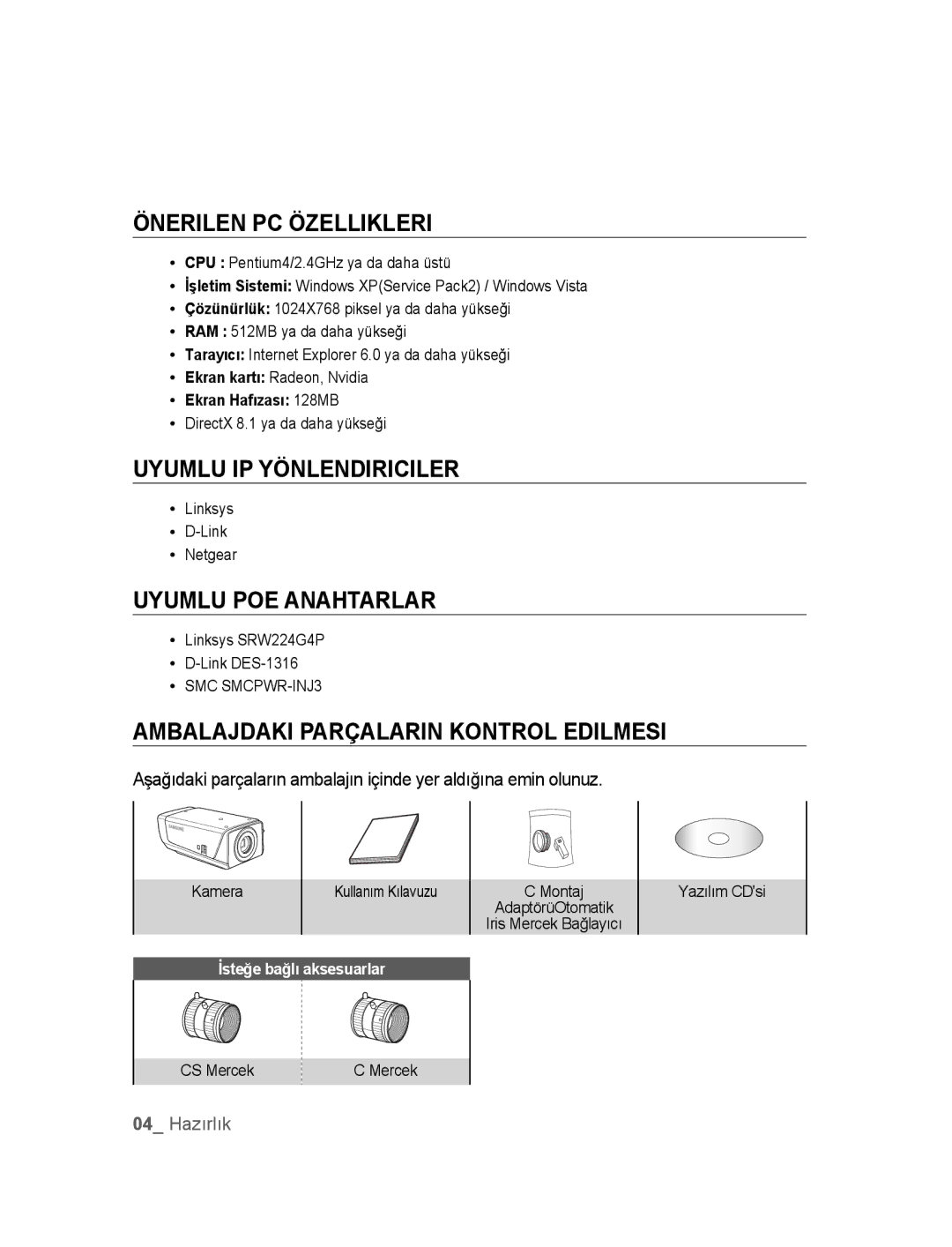 Samsung SNC-M300P manual Önerilen PC Özellikleri, Uyumlu IP Yönlendiriciler, Uyumlu POE Anahtarlar 