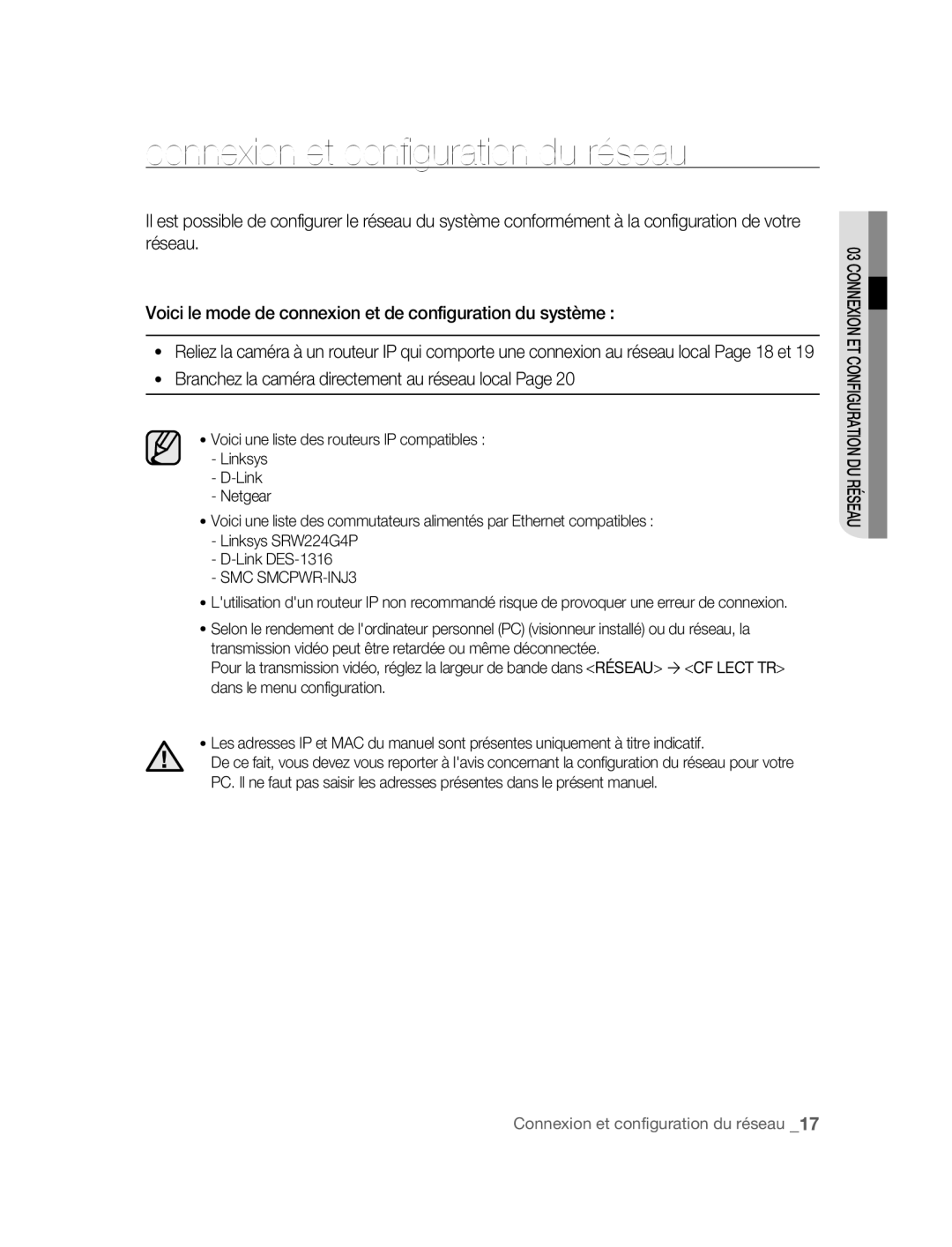 Samsung SNC-M300P manual Connexion et configuration du réseau 