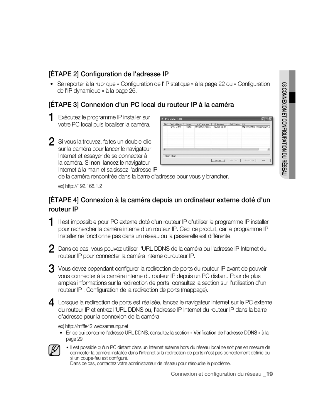 Samsung SNC-M300P manual Étape 2 Configuration de ladresse IP, Étape 3 Connexion dun PC local du routeur IP à la caméra 