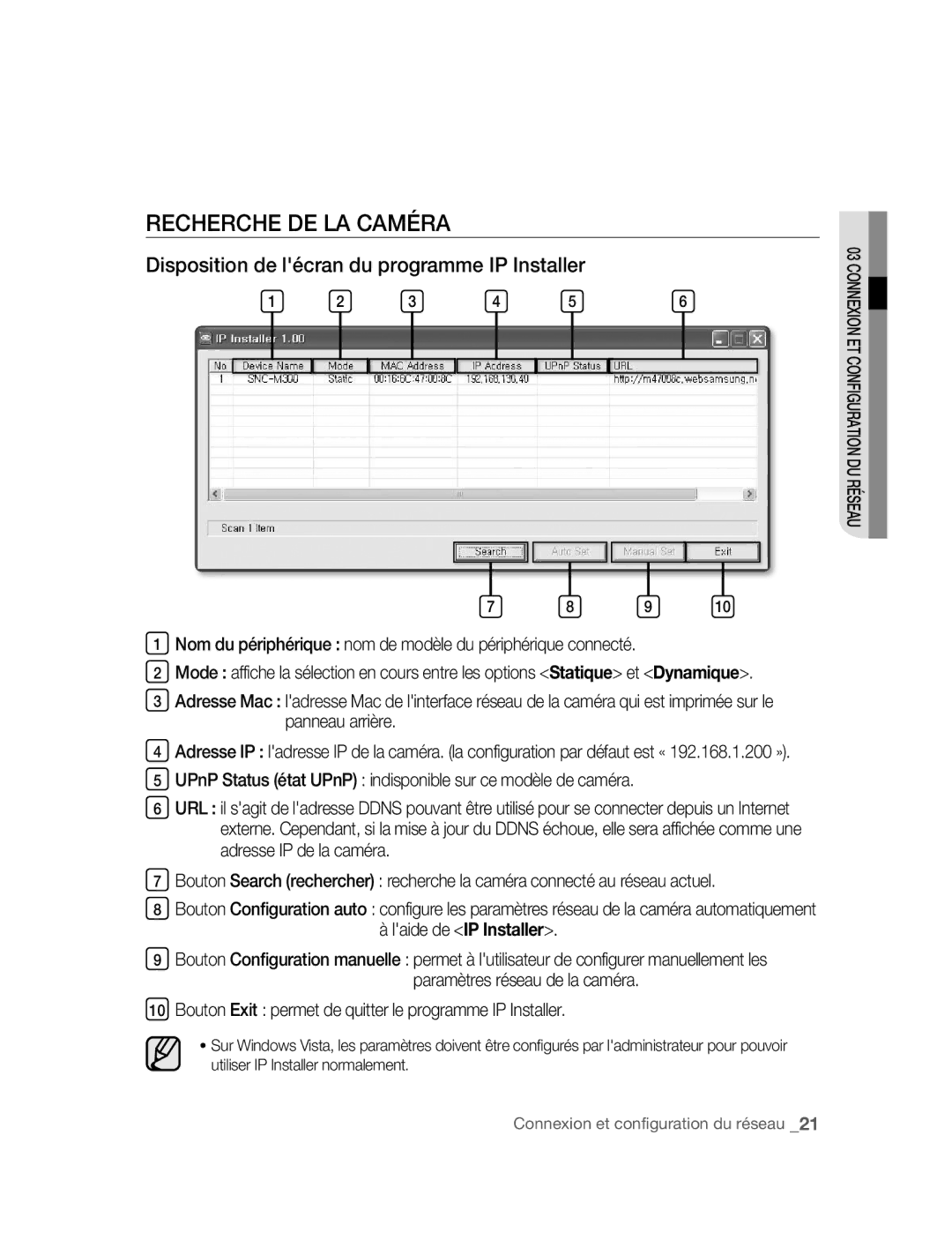 Samsung SNC-M300P manual Recherche DE LA Caméra, Disposition de lécran du programme IP Installer, Laide de IP Installer 